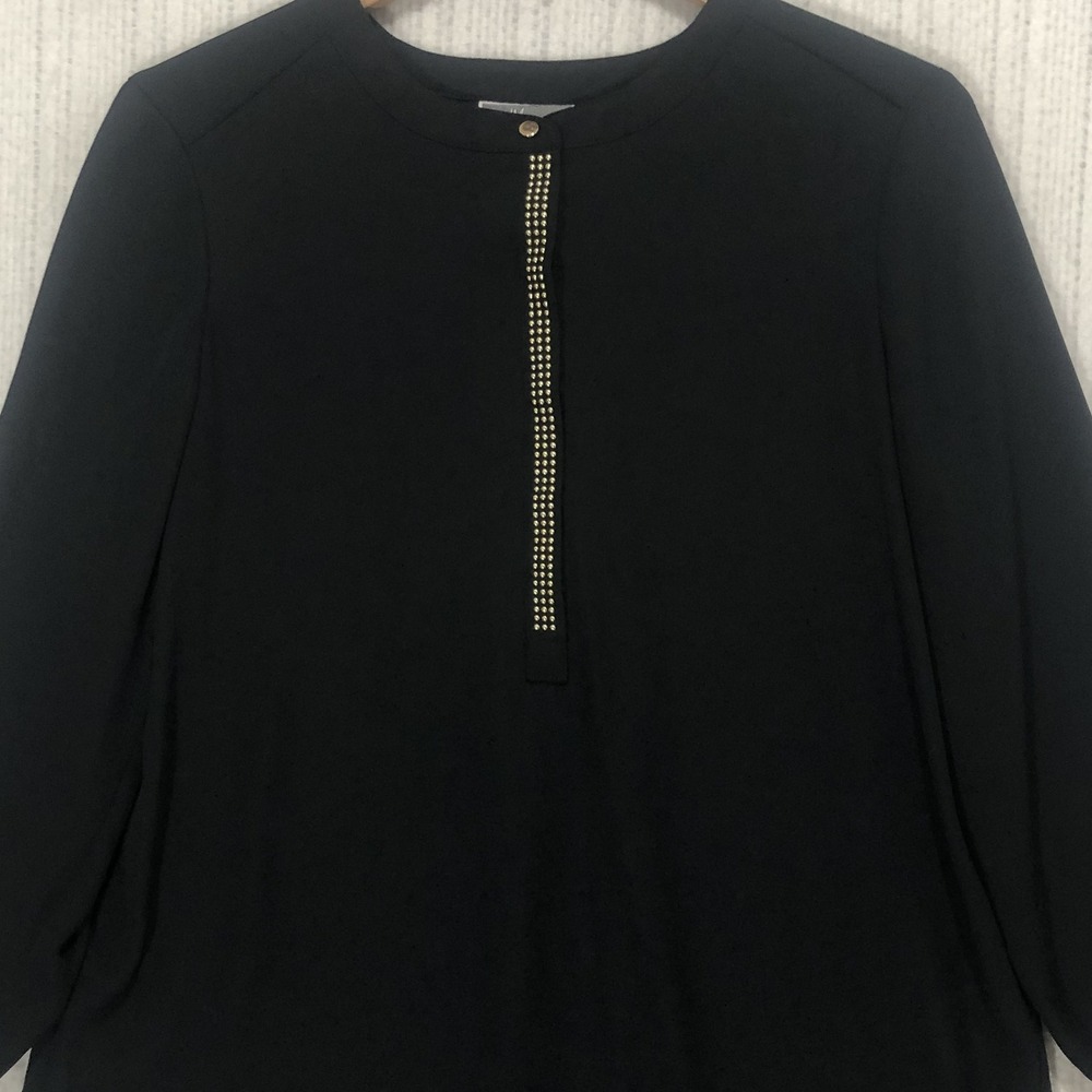 JM‎ Collection Womens Black Studded Split Neck 3/4 Sleeve Blouse Top Medium